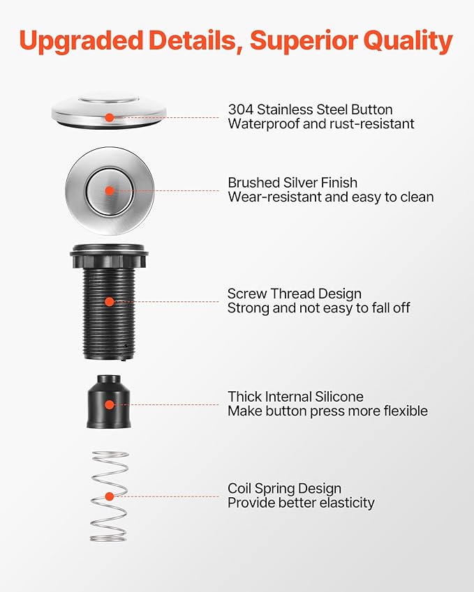 VEVOR Garbage Disposal Air Switch Kit, Dual Outlet Sink Top Air Switch for Food Waste Disposal, 3.5-inch Long Brushed Silver Stainless Steel ON/OFF Air Button for Granite, Marble, Quartz Countertops