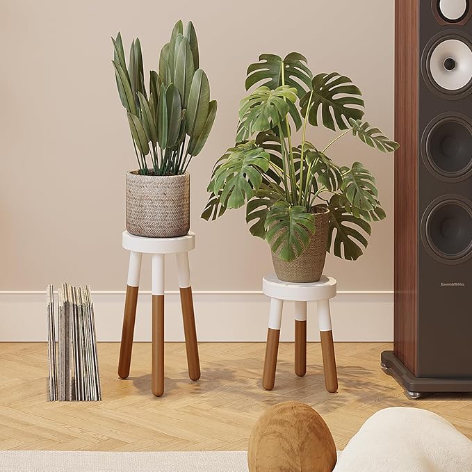 12" Reverse Dipped Wood Plant Stand, Wood Accent Stool,Side Table Set Bath Stool (20"+24" Tall)