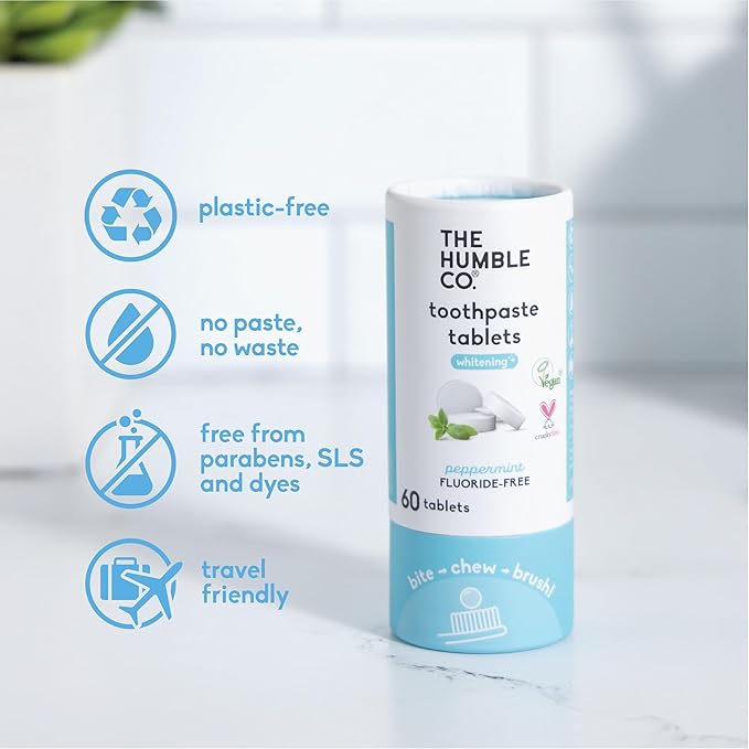 The Humble Co Teeth Whitening Chewable Toothpaste Tablets, Peppermint - Fluoride-Free Toothpaste Tabs - Bite, Chew, Brush - Travel-Friendly & Waste-Free Dental Oral Care & Hygiene - 180 Count