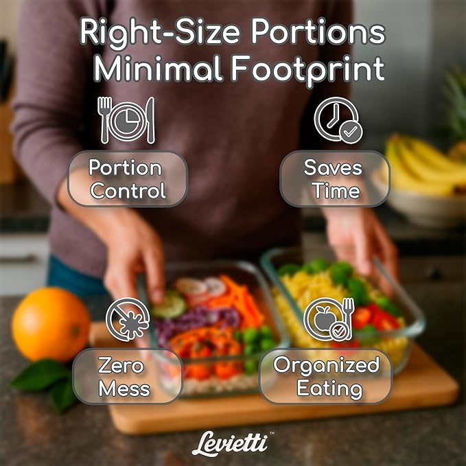 Levietti Glass Food Storage Containers Set of 2 (1040ml/35oz) – Airtight BPA-Free Plastic Lids, Leakproof Borosilicate Meal Prep Containers for Kitchen Organization, Microwave/Oven Safe