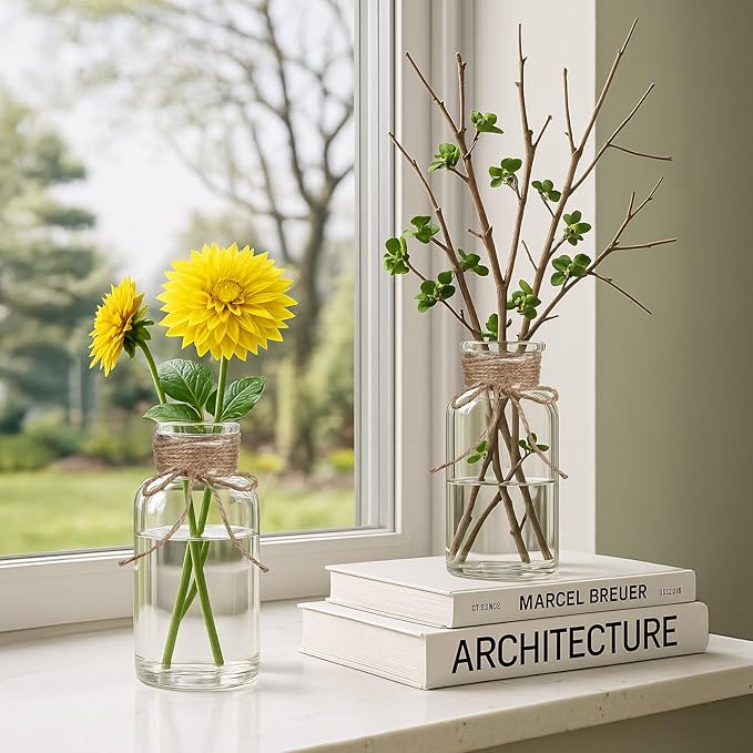 Vintage Glass Flower Vase Set of 8 Clear Vases with Hemp Rope for Farmhouse Wedding Centerpiece Cylinder Bottle for Reception Table Decoration Home Decor Floral Arrangements（Large）