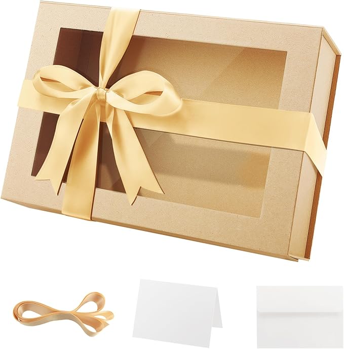 PACKQUEEN Large Kraft Gift Box with Window, 13.5x9x4.1 Inches Clear Gift Box for Present Contains Ribbon, Card, Groomsman Proposal Box with Magnetic Lid