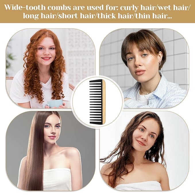 2 PCS Bamboo Wide Tooth Comb for Curly Hair, Anti-Static Wooden Detangling Comb for Curly Wet Thick Hair with Bakelite Teeth for Women Men