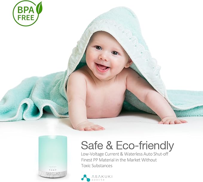 ASAKUKI 300ML Essential Oil Diffuser, Quiet 5-in-1 Premium Humidifier, Home Fragrance Aroma Diffuser with 7 LED Color Changing Light and Auto-Off Switch -White