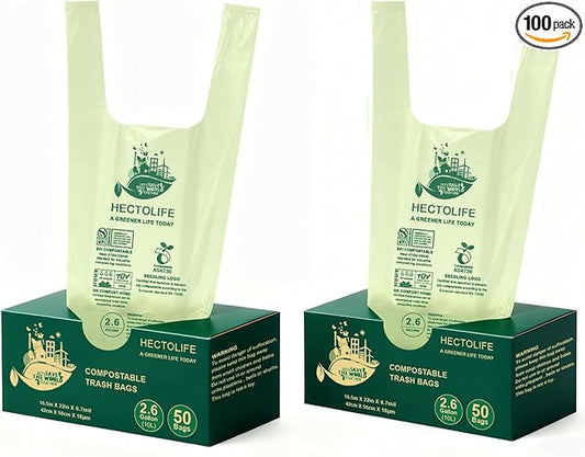 2.6 Gallon 100 Count,Compostable Bags Handle Tie,Tear Resistant Kitchen Food Scrap Waste Bag, ASTM D6400, US BPI and Europe OK Compost Home Certified