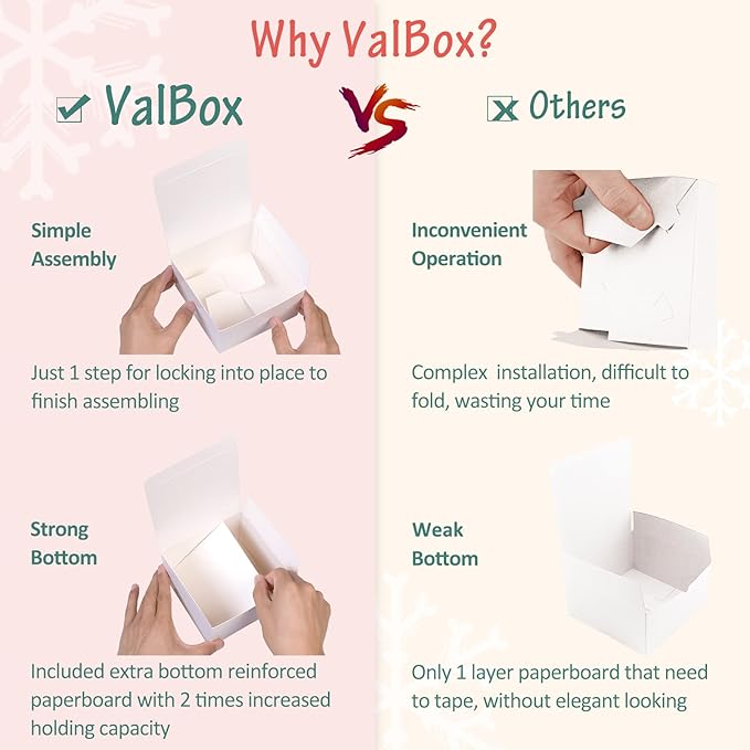 ValBox 3x3x3 White Cube Gift Boxes - 50pcs Recycled Paper Boxes with Lids for Gifts, Crafting, Cupcake & Party Favors