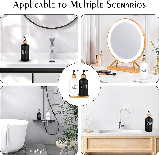 Arktek Glass Soap Dispenser Set with Tray, 2 Pack Hand and Dish Soap Dispenser Set for Bathroom and Kitchen Bottle Dispenser with Dish Soap, Hand Soap, Lotion 17 Oz (Black & White)