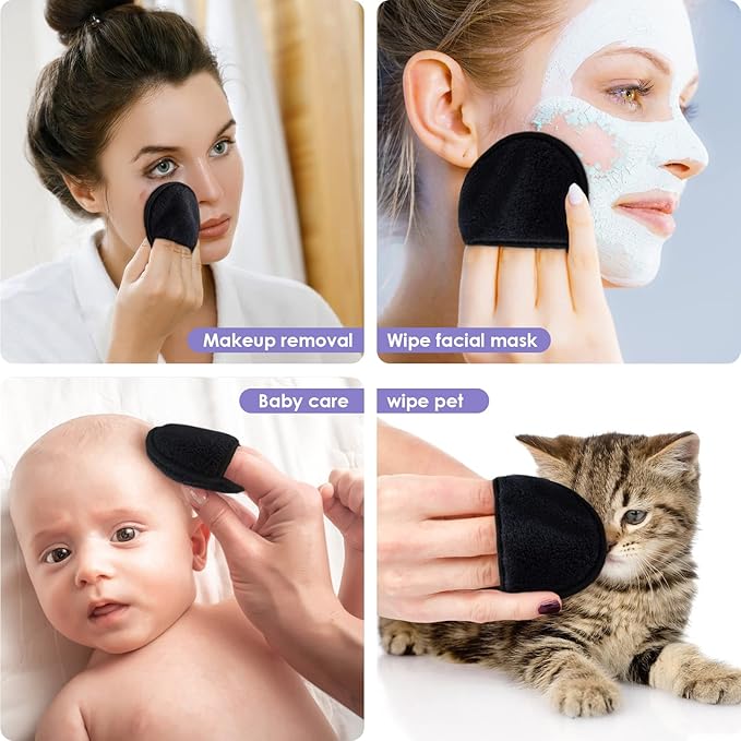 SUNLAND Reusable Makeup Remover Pads for Face,Eye,Lips 32 Pack Microfiber Face Cleansing Gloves Washable with Laundry Bag and Travel Bag Rounds Toner Pads（Round 3.15inchx32,Black）