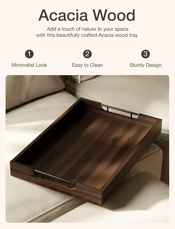 20 Inch Acacia Wood Ottoman Tray for Living Room - Coffee Table Trays, Serving Tray with Handles for Ottoman Table, Decorative Trays for Home Decor, Charcuterie Boards (Walnut Color)