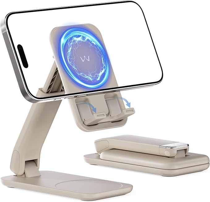 iWALK Magnetic Cell Phone Stand for Desk, Angle and Height Adjustable Mobile Phone Holder, Foldable Magnet Stand for iPhone 17 16 15 14 13 12 Pro Max and iPad, Cell Phone Holder, Light Brown