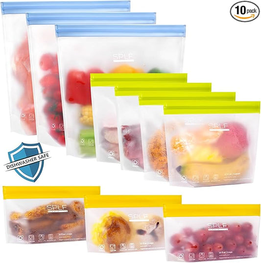 SPLF 10 Pack Stand-Up Reusable Food Storage Bags Dishwasher Safe, BPA Free Reusable Freezer Bags, Extra Thick Leakproof for Meal Prep, Sandwich, Bread, Veggies - 3 Gallon 4 Quart 3 Snack