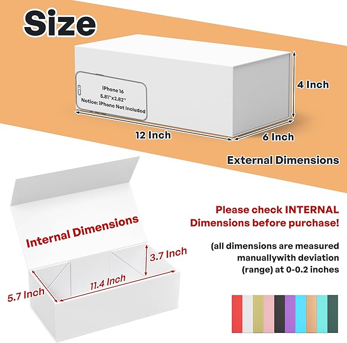 White Gift Box, 12x6x4'' Gift boxes for Presents with Lids Magnetic Closure Rectangle Collapsible for Bridesmaid Proposal Box, Wedding, Christmas, Halloween, Birthday Gift Packging