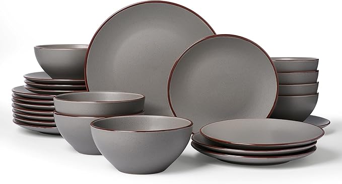 Famiware Venus Ceramic Plates and Bowls Sets, Speckled Dinnerware Dish Sets for 8 (24 Pieces) - Microwave and Dishwasher Safe, Matte Dark Grey