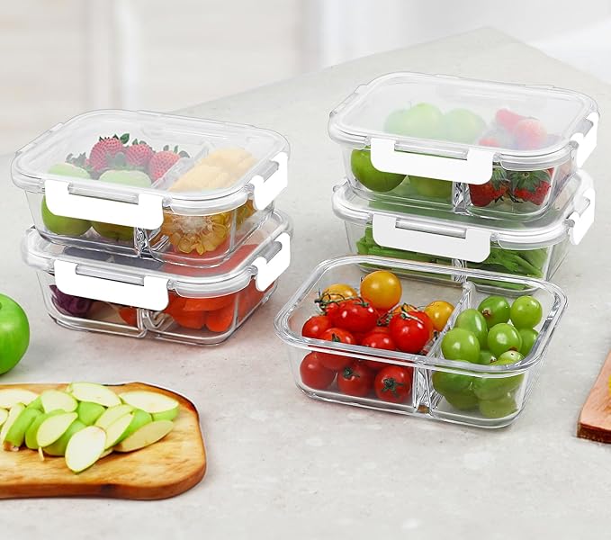 M MCIRCO [10-Pack,30 Oz Glass Meal Prep Containers 2 Compartments Airtight Lunch Bento Boxes with Lids, Glass Food Storage Containers, Microwave, Oven, Freezer and Dishwasher, White