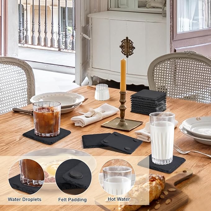 60 PCS Slate Stone Coasters Bulk, MAPRIAL 4 Inch Black Handmade Drink Coasters, 30 PCS Square, 30 PCS Hexagon, Ideal for Laser Engraving, Engravable Blanks Material for Engraver, Home Decor, Gifts