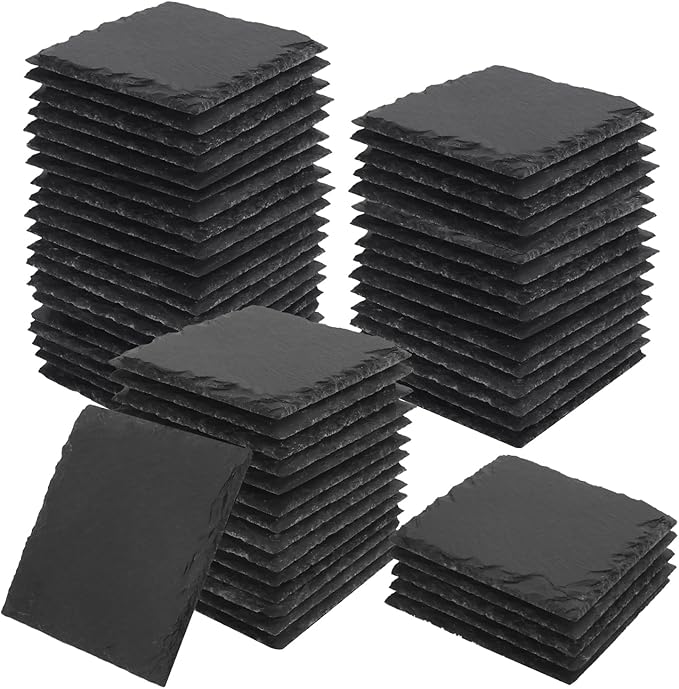 55 Pack 4 Inch Square Slate Coasters, Black Stone Coasters with Anti-Scratch Bottom, Ideal for Home Decor, Bar, Housewarming Gifts, and Laser Engraving KUKLIPJIM