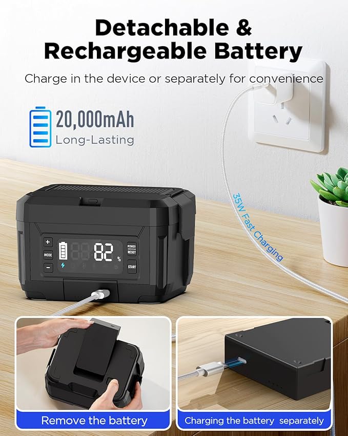 Cordless Electric Lunch Box for Adults – 1.2L Stainless Steel Self-Heating Lunch Box with 20000mAh Removable Rechargeable Battery, Portable Heated Food Warmer for Work, Travel & Office(BK)