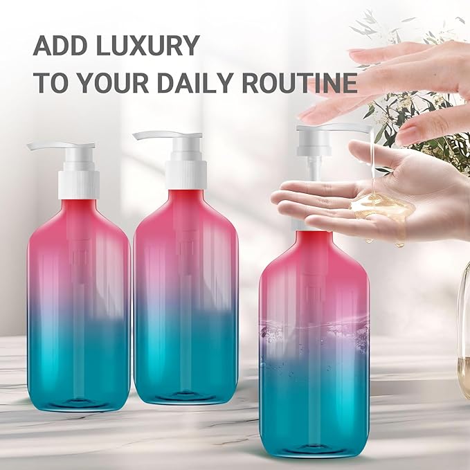 3 Pack Gradient Color Pump Dispenser Bottle, Empty Clear Plastic Soap Dispenser Refillable Pump Containers, 500ml/16.9oz