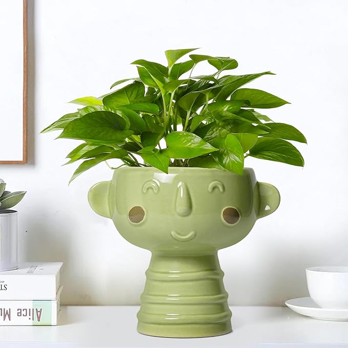 Face Planter Pots Head - 7 Inch Ceramic Succulent Plant Pots with Drainage Hole, Cute Head Planters for Indoor Outdoor Plants, Room Desk Office Decor, Plant Lover Gifts, Green