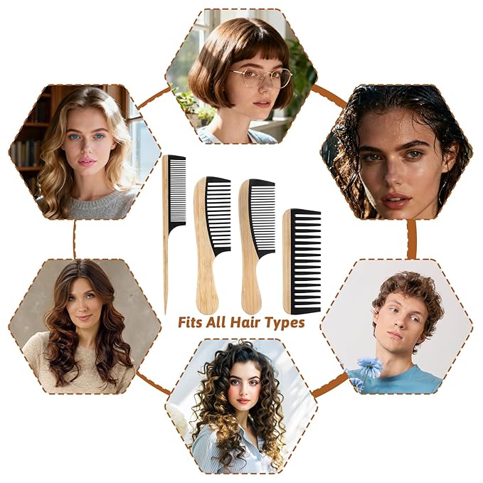 4 Pcs Natural Handmade Bamboo Hair Combs Set, Wide Tooth Fine Tooth Rat Tail Wooden Combs for Women Men Anti-Static for All Hairstyles and Beard