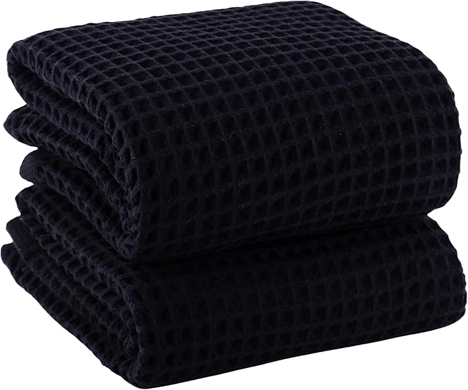 PÜSKÜL Premium Waffle Bath Towels Set of 2 - Organic 100% Turkish Cotton Bath Towel - Quick Dry, Absorbent, Light, Thin, 32x63 Large Waffle Towels for Bathroom (Black Bath Towels - Pack of 2)