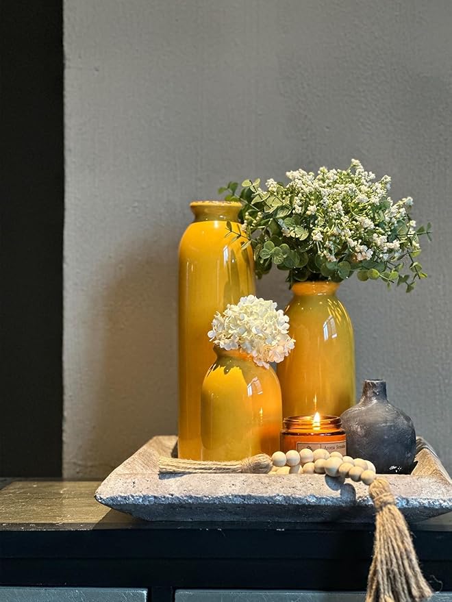 CWLWGO-Ceramic Yellow Vase Set of 3, Home Decorative Vases,Modern Farmhouse Decoration, Living Room Accents & Dining Table Centerpieces,Idea Bookshelf Décor, Mantel and Entrance Decorative.
