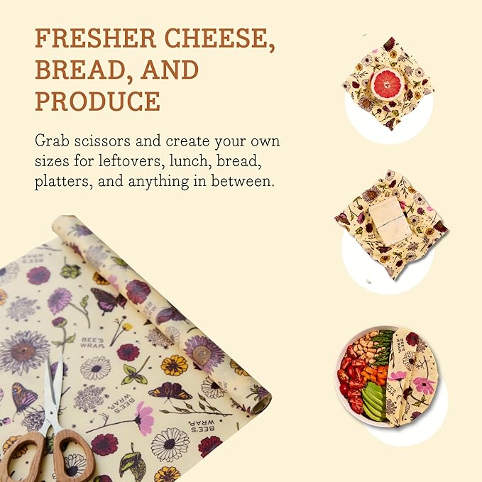 Bee's Wrap Vegan Beeswax Wraps for Food - Cut to Size 14x52" Wax Paper Roll, Made in USA Reusable Waxed Paper & Bowl Covers, Organic Eco-Friendly Alternative to Aluminum Foil, Meadow Magic
