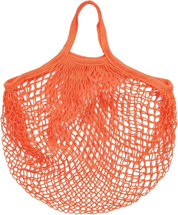 1-Pack Cotton Mesh Bag, Reusable Washable Mesh Net String Grocery Bags, Reusable Produce Bags with Handle, Net Tote Bag for Fruits/Vegetables Shopping [Orange, Short Handle]