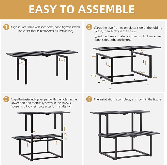 Metal Plant Stand Indoor, Outdoor Iron Plant Shelf, Heavy Duty Slatted Display Shelf for Patio Balcony Garden Living Room Load Bearing 330 LB 26" L x 20.2" H x 17.7" W 2 Tier Black