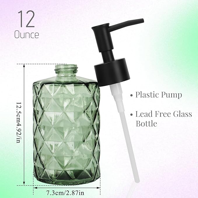 Clear Green Glass Soap Dispenser with Pump, 12oz Diamond Design Hand Soap Dispenser, Refillable Lotion Dispenser & Dish for Dishwashing Liquid, Shower Gel