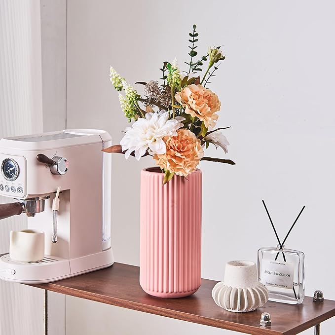 Pink Ceramic Flower Vase for Pampas Grass, 10 inch Large Decorative Centerpiece Ribbed Vase for Dining Table, Office Desktop, Shelf Bookshelf, Mantel, Entryway, Bathroom, Countertop, Farmhouse, Gift