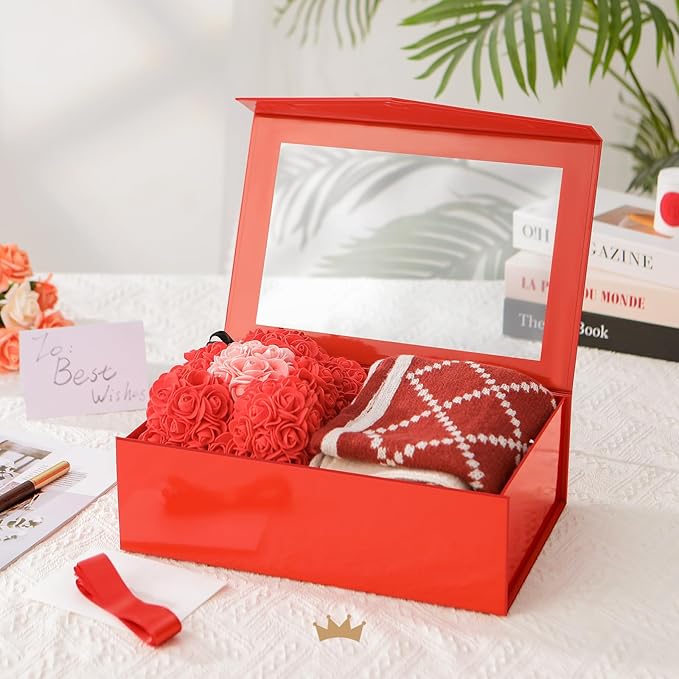 PACKQUEEN 5 Large Red Christmas Gift Boxes with Windows, 13.5x9x4.1 Inches Valentine's Day Clear Gift Boxes for Presents Contain Ribbons, Cards, Bridesmaid Proposal Boxes, Boxes with Magnetic Lids (Glossy Red)