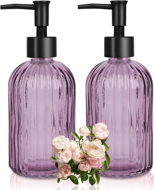 Glass Soap Dispenser with Plastic Pump, Hand Soap Dispenser for Hand Wash, Lotion Dispenser for Dishwashing Liquid, Lotion Shower Gel (Striped Purple)
