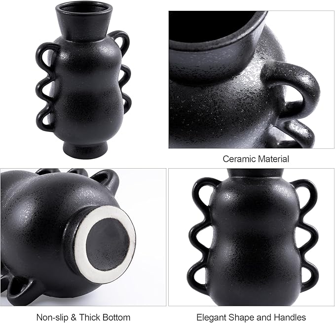 DN DECONATION Black Ceramic Vase Home Decor with Wave Handles, 10'' Tall Rustic Farmhouse Flower Vase for Table Centerpiece, Bookshelf, Living Room, Office, Modern Nordic Minimalist Decorative Vases