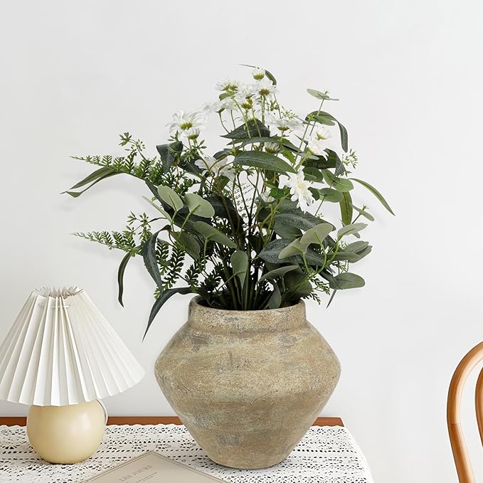 Briful Large Rustic Ceramic Vase with Distressed Finish, 8.2'' Tall Wide-Belly Decorative Flower Vases with Felt Pads, Retro Style Pottery for Home Decor, Table Centerpiece, Yellow Brown