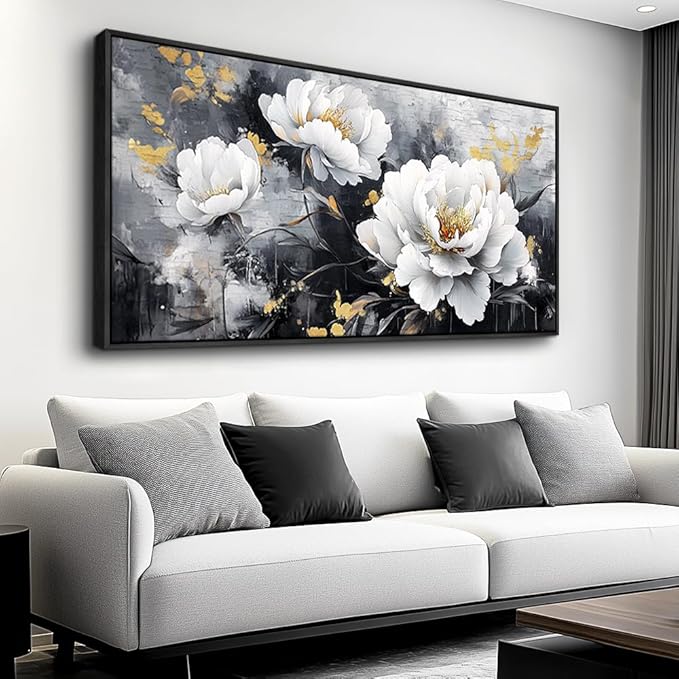 PHAOHUAXM Large Framed Canvas Wall Decor For Living Room Wall Art For Bedroom Modern Abstract Painting Ink-Wash White Flowers With Black Frames Dining Room Home Decor Print Artwork Posters 30"X60"