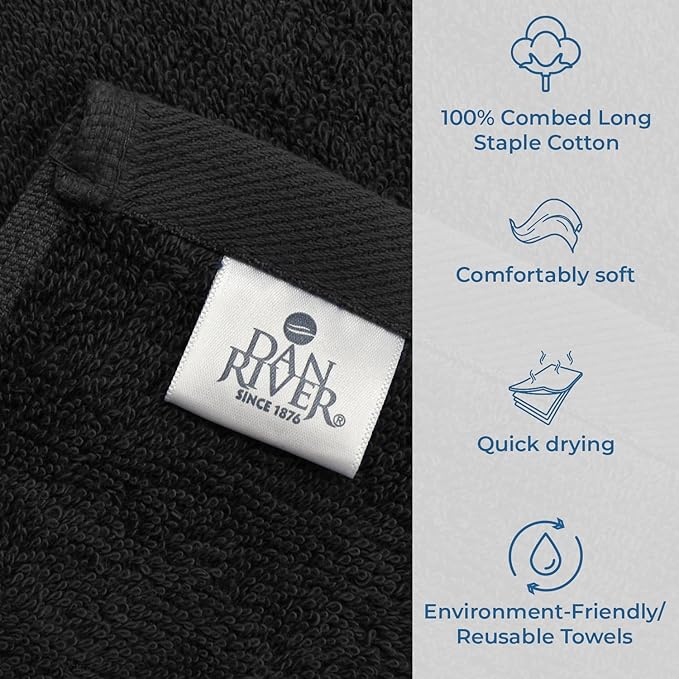DAN RIVER Bath Towels Set of 4, 27 x 54 Inches, 100% Cotton, Larger & Lighter Weight, Quicker to Dry, Super Soft and Absorbent, Ideal Black Bath Towels for Daily Use