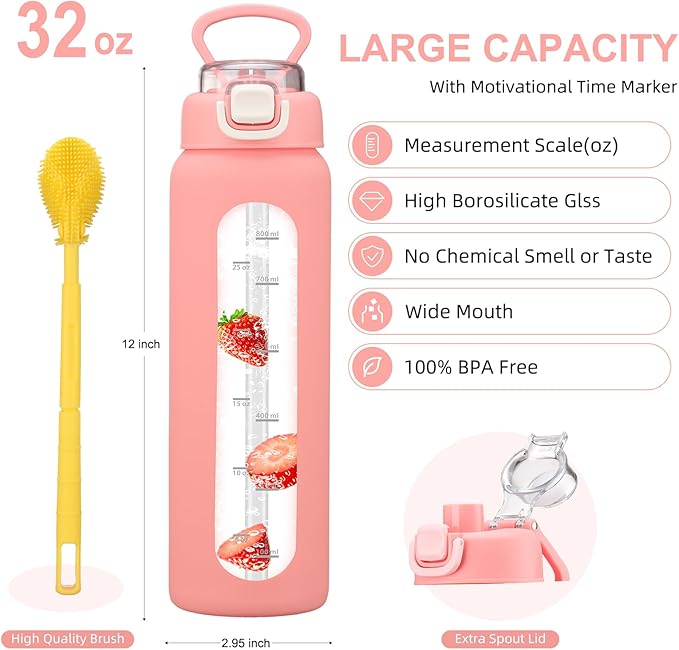 32 oz Glass Water Bottles with 2 Lids-Handle Spout Lid & Straw Lid, 1 Liter Motivational Borosilicate Water Bottle with Time Marker and Silicone Sleeve,Leakproof-Pink-1 Pack
