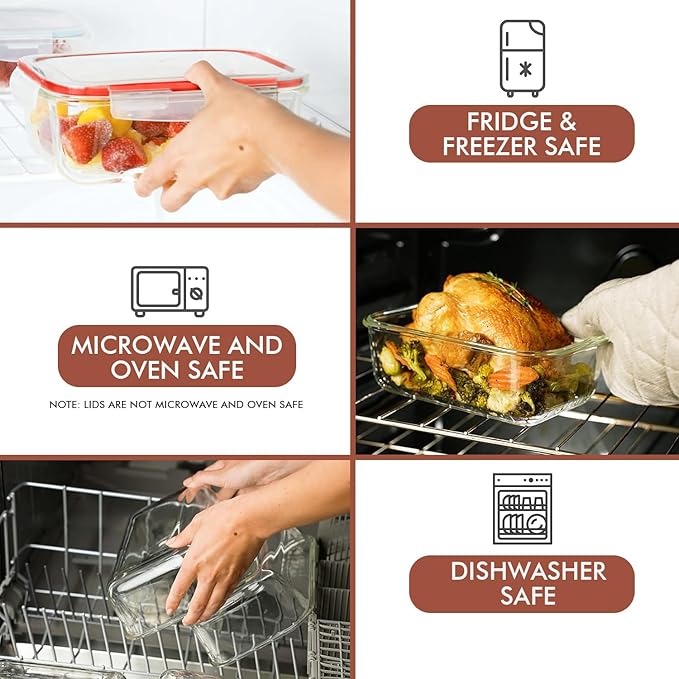 Razab 35 Pc Set Glass Food Storage Containers with Lids - Meal Prep Airtight Bento Boxes BPA-Free 100% Leak Proof (15 lids,15 glass & 5 Plastic Sauce/Dip Containers)
