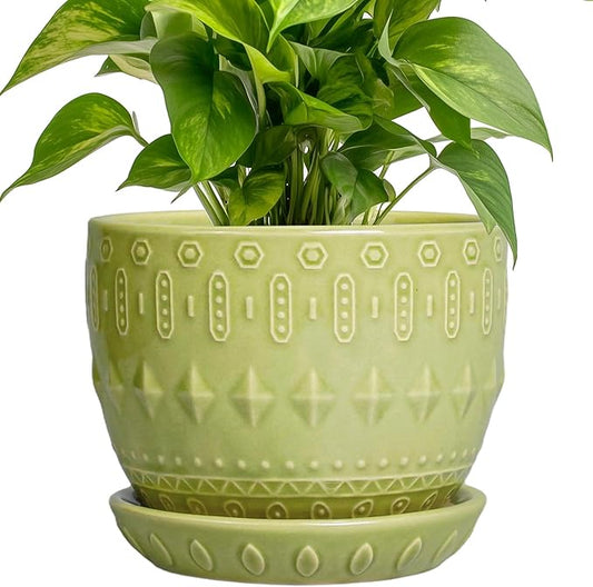 G EPGardening Ceramic Planter 5.5 Inch - Boho Plant Pot Indoor with Drainage Hole and Saucer, Round Flower Succulent Pot for Plants, Plant Lovers Gifts, Garden Office House Decor, Green