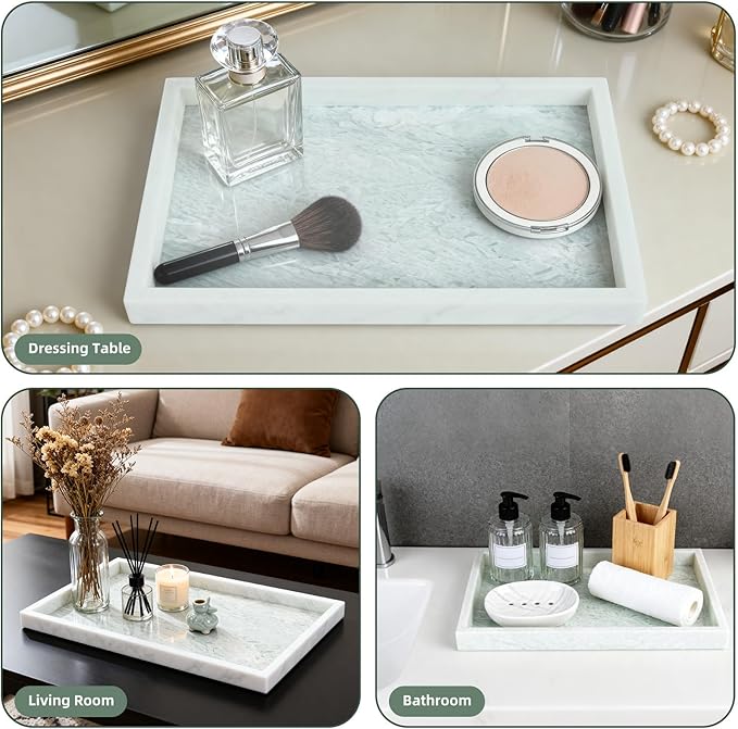 Yew & Tulip Natural Marble Vanity Tray, Luxury Stone with Light Green Textures Serving Tray for Bathroom, Kitchen, Vanity, Home Decor, Wedding etc. (12" x 8" x 1.2")