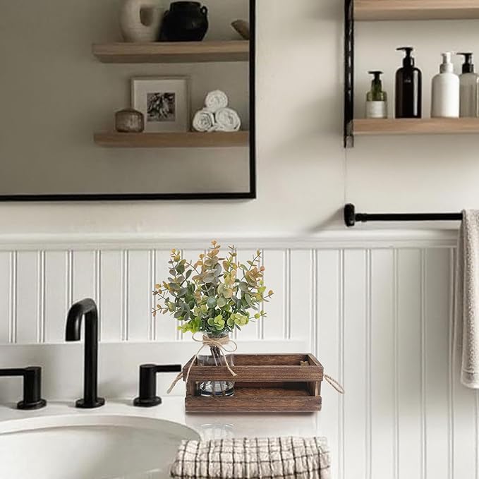 Artificial Eucalyptus Stems in Glass Vase with Faux Water,Combined with Wood Tray Centerpiece Table Decoration,11" Fake Plant with Orange-Green Leaves for Home Decor