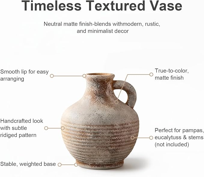 6-Inch Terracotta Ceramic Flower Vase with Handles, Rustic Farmhouse Boho Pottery Centerpiece for Table, Living Room, Shelf & Mantel