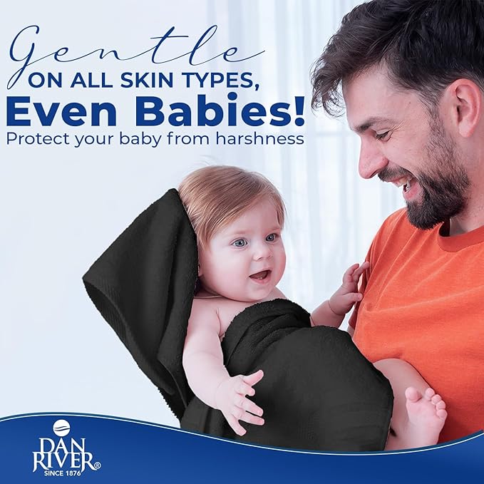 DAN RIVER 8 PC Luxury Bath Towels for Bathroom, 2 Bath, 2 Hand, and 4 Wash Cloths, 600 GSM 100% Ring Spun Cotton Towel Set, Highly Absorbent, Gym, Hotel, and Spa, Black