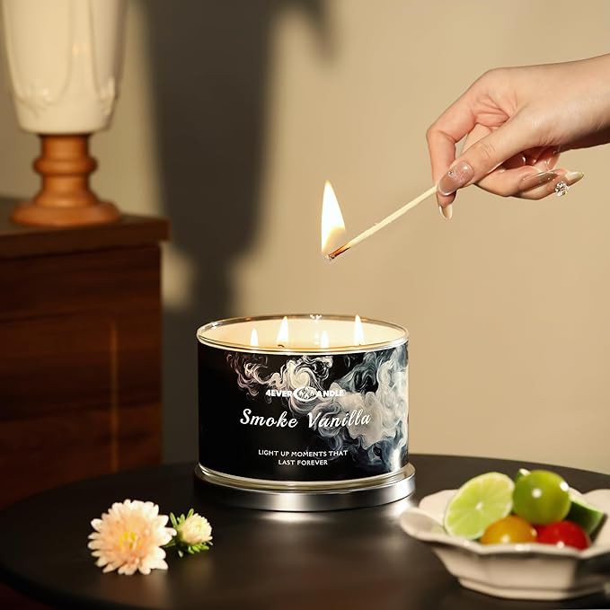 Smoke Vanilla Scented Candles, 18oz Soy Candles Non Toxic 4-Wick Large Candle Jars, Over 50 Hours of Burning Time, Ideal for Gifting, Events, Home Decor