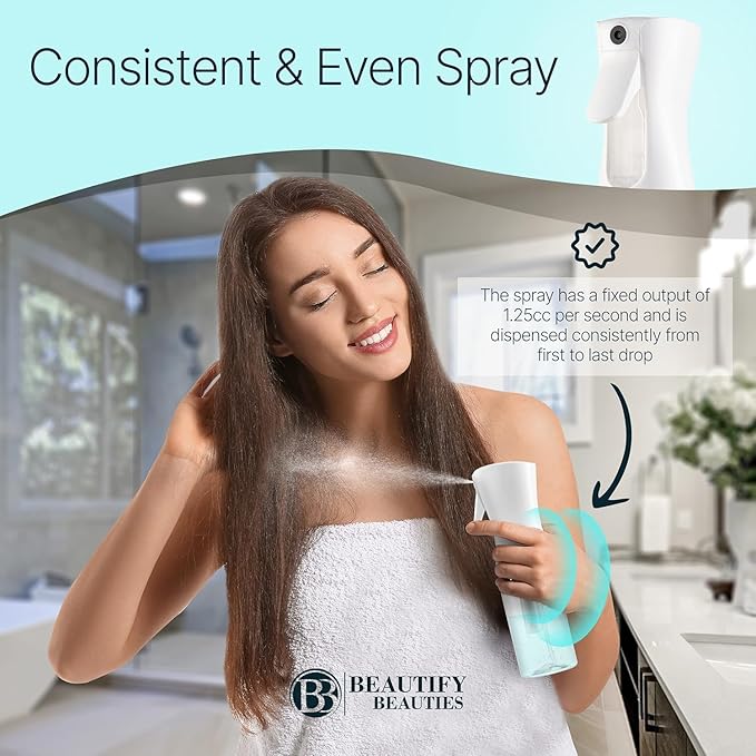 BeautifyBeauties Hair Spray Bottle – Ultra Fine Continuous Water Mister for Hairstyling, Cleaning, Plants, Misting & Skin Care (White, 10.1 Ounces)