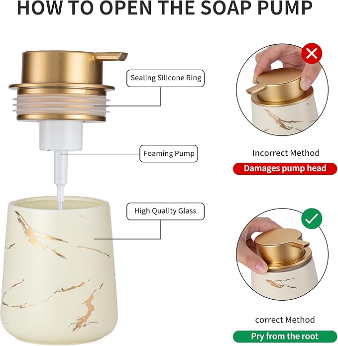 Enra Ceramic Foaming Soap Dispenser -12oz Modern Foam Gold Hand Soap Dispenser Bathroom, Refillable Dish Wash Soap Bottle for Kitchen with Large Pump(Glod Foam Type-Beige)