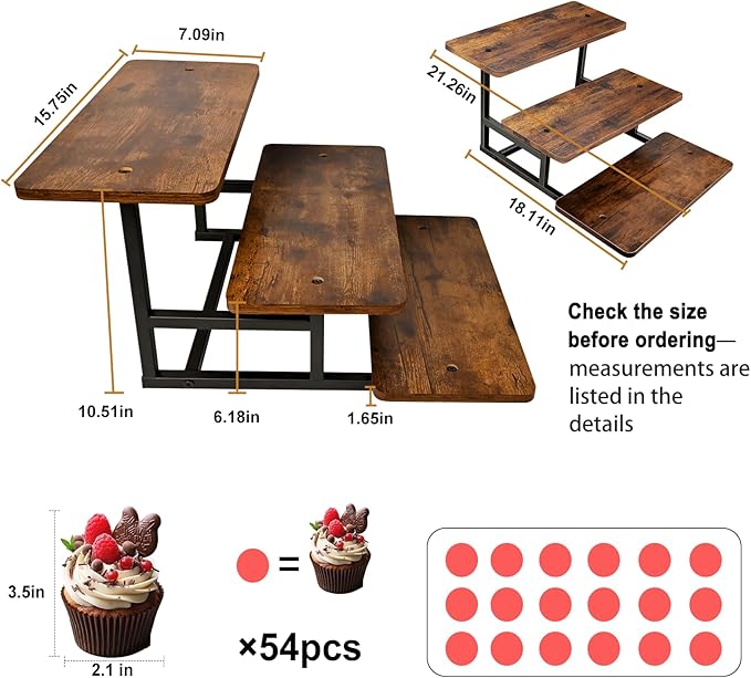 3 Tier Cupcake Stand for 50 Cupcakes,Wood Metal Riser Dessert Table Display Stand,Rustic Stepped Cupcake Ladder Tiered Tray Stand for Party Farmhouse Wedding Birthday Graduation