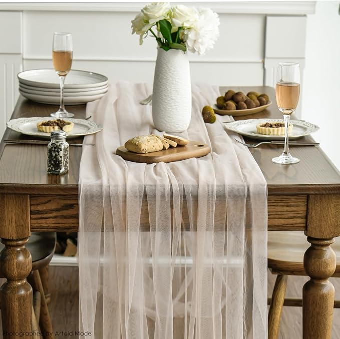 Artoid Mode Peach Gauze Table Runner 120 Inch 10FT, Seasonal Sheer Kitchen Dining Holiday Wedding Birthday Baby Shower Table Decor for Home Party