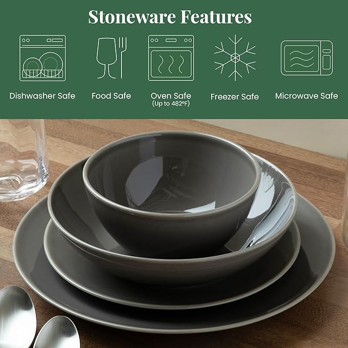 Larder & Vine Ceramic Stoneware Dinnerware 16-Piece Set, 4 Place Settings (French Gray)